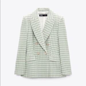 Zara Sea Green Houndstooth Double Breasted Blazer 
Size Small